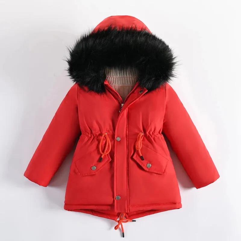 4-14 Years Teen Girls Winter Jacket Plus Velvet Warm Kids Windbreaker Coat For Girls Fur Collar Hooded Parkas Children Outerwear