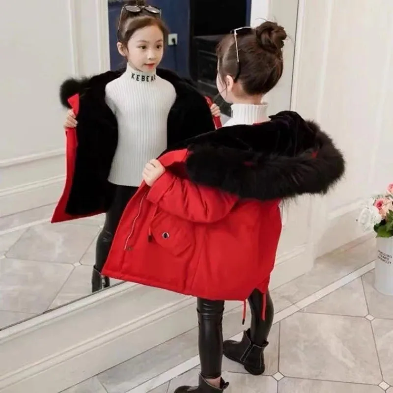 4-14 Years Teen Girls Winter Jacket Plus Velvet Warm Kids Windbreaker Coat For Girls Fur Collar Hooded Parkas Children Outerwear