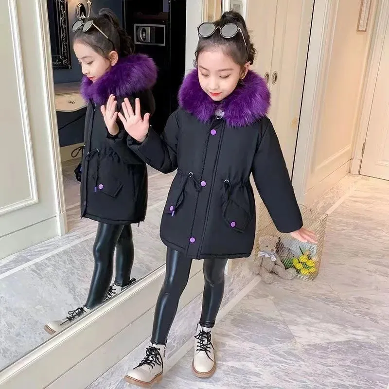 4-14 Years Teen Girls Winter Jacket Plus Velvet Warm Kids Windbreaker Coat For Girls Fur Collar Hooded Parkas Children Outerwear