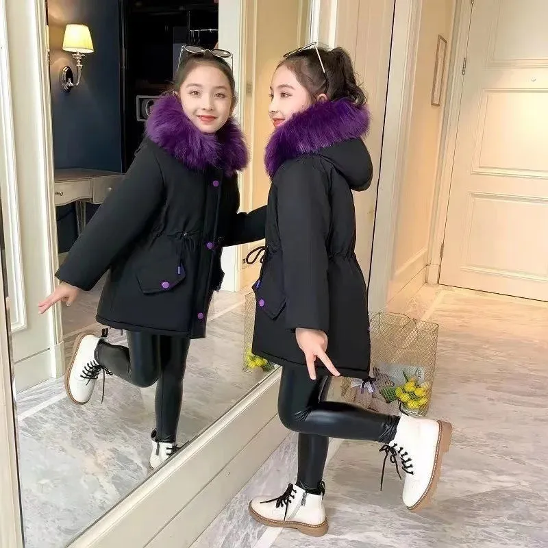 4-14 Years Teen Girls Winter Jacket Plus Velvet Warm Kids Windbreaker Coat For Girls Fur Collar Hooded Parkas Children Outerwear