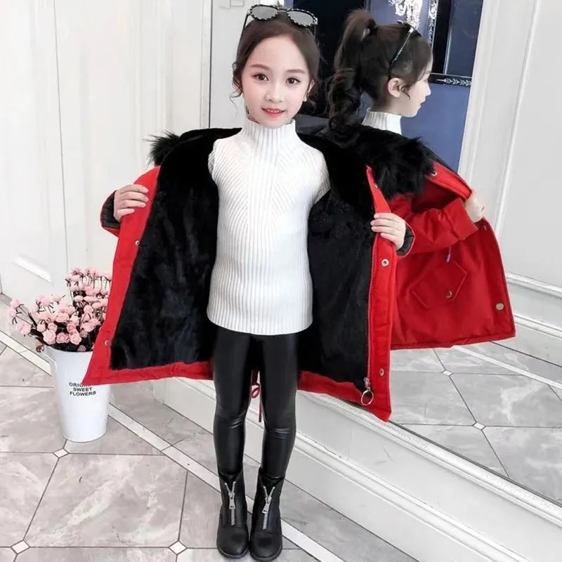 4-14 Years Teen Girls Winter Jacket Plus Velvet Warm Kids Windbreaker Coat For Girls Fur Collar Hooded Parkas Children Outerwear