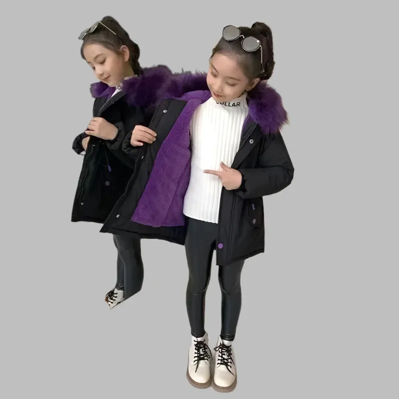 4-14 Years Teen Girls Winter Jacket Plus Velvet Warm Kids Windbreaker Coat For Girls Fur Collar Hooded Parkas Children Outerwear