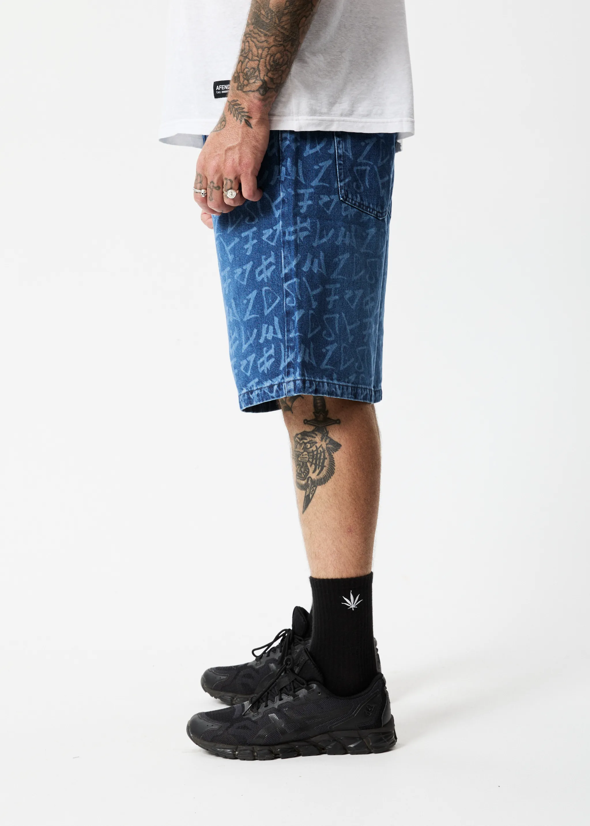 AFENDS Mens Tagged Lil C - Denim Baggy Shorts - Graffiti Blue