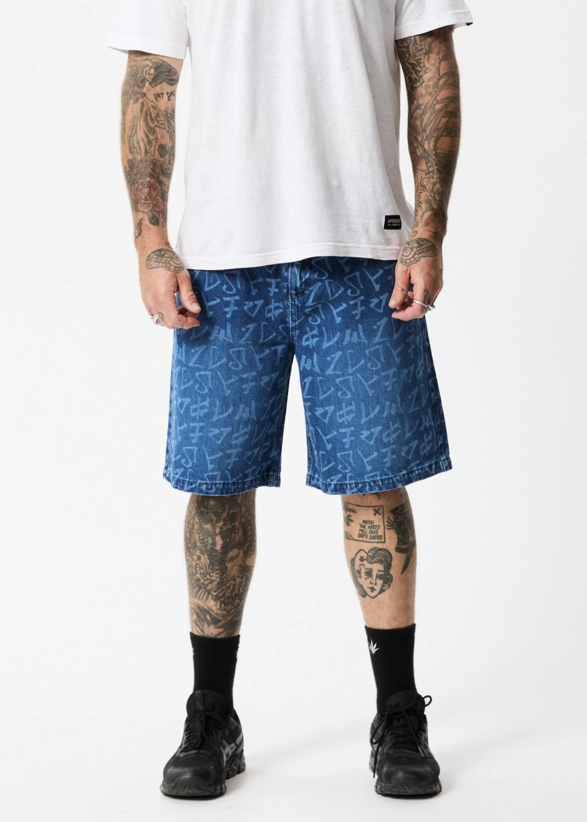 AFENDS Mens Tagged Lil C - Denim Baggy Shorts - Graffiti Blue