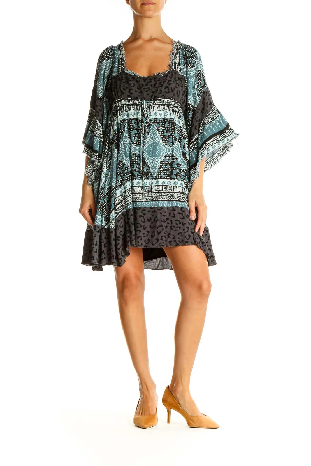 Blue and Black Patterned Boho Mini Dress