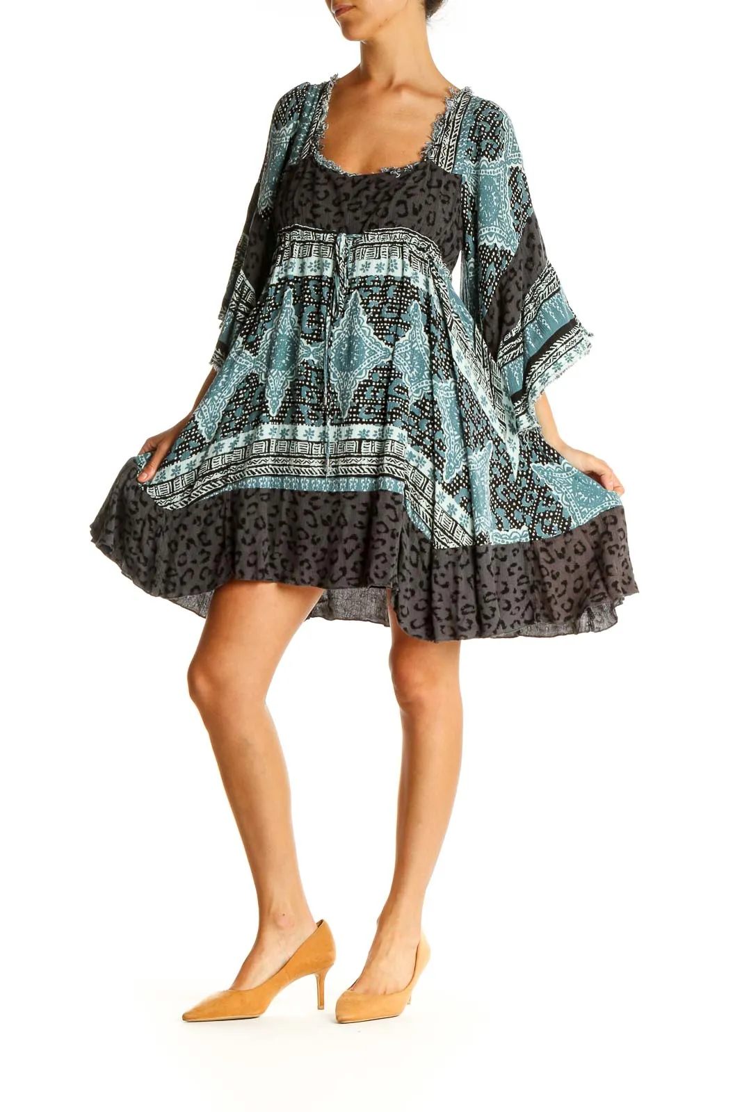 Blue and Black Patterned Boho Mini Dress