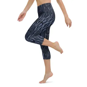 Blue Tiger Yoga Capri Leggings, Tiger Striped Animal Print Women's Tights-Made in USA/EU/MX