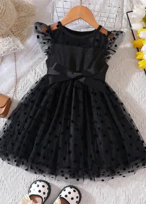 Boho Black Dot Patchwork Tie Waist Tulle Girls Mid Dresses Summer EW015