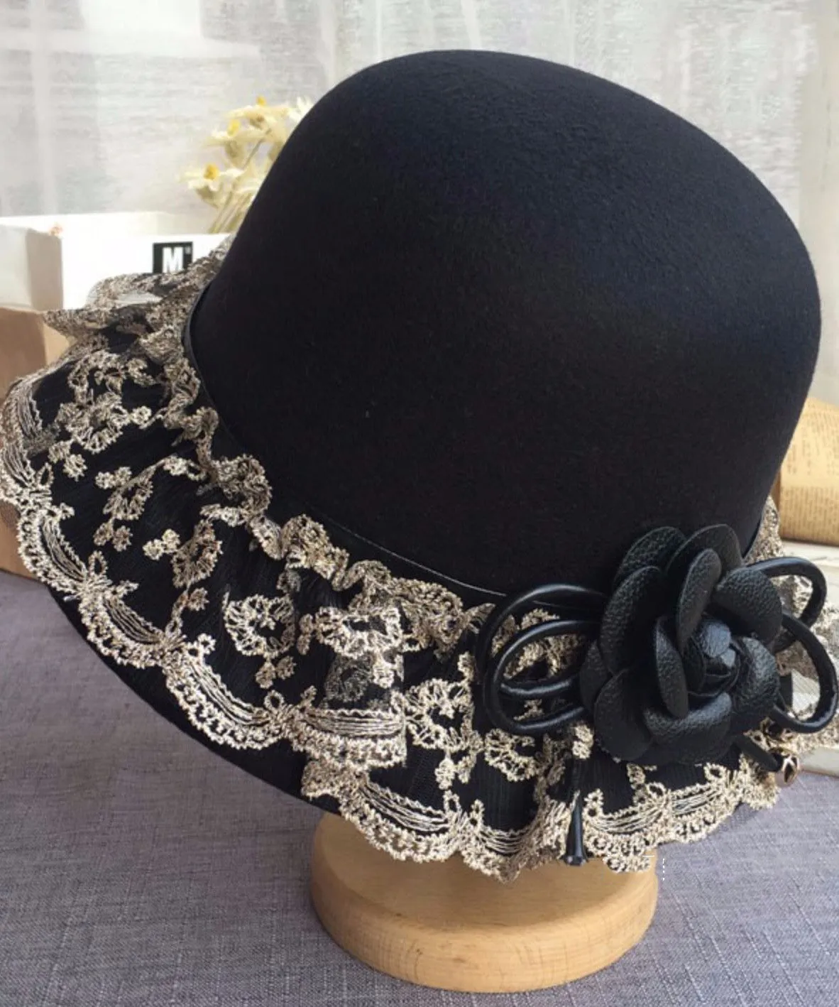 Boho Black Lace Patchwork Floral Woolen Bucket Hat LY541