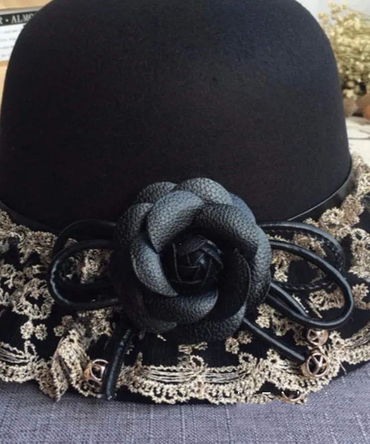 Boho Black Lace Patchwork Floral Woolen Bucket Hat LY541