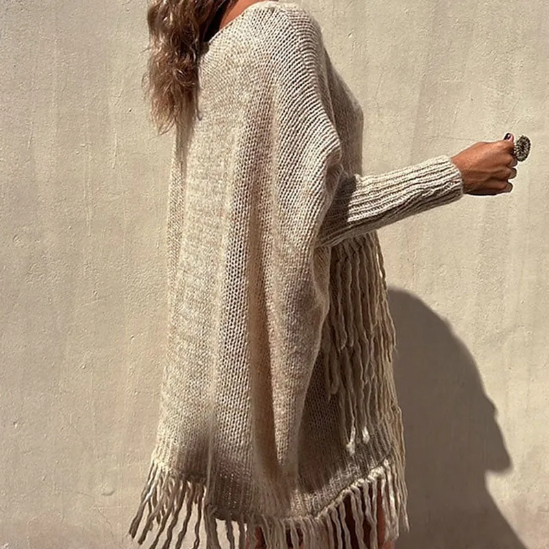 Boho Fringe Trim Patched Pocket V Neck Batwing Sleeve Oversized Pullover Sweater