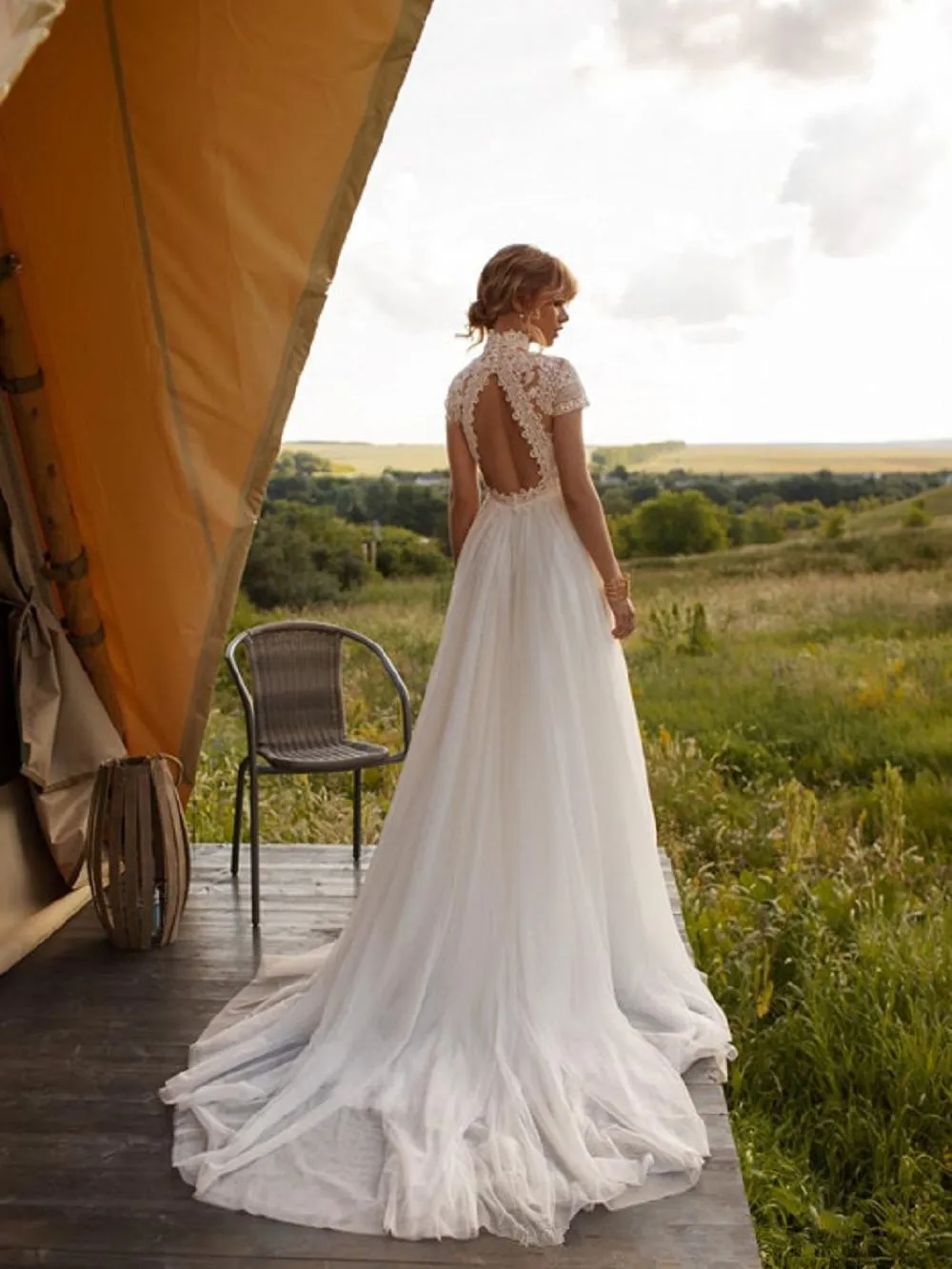 Boho Lace High Neck Wedding Dress