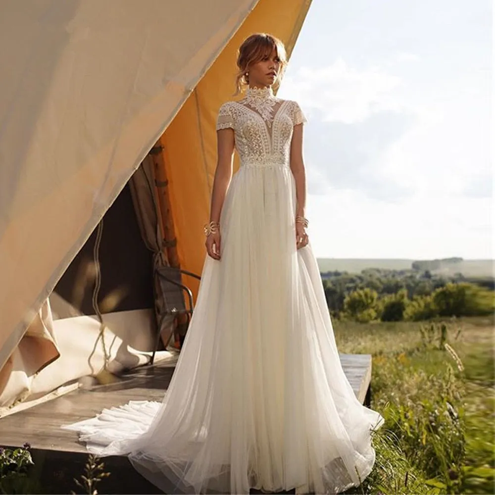 Boho Lace High Neck Wedding Dress