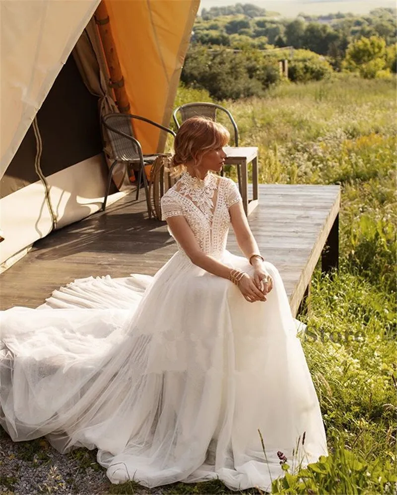 Boho Lace High Neck Wedding Dress