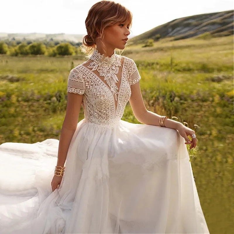 Boho Lace High Neck Wedding Dress