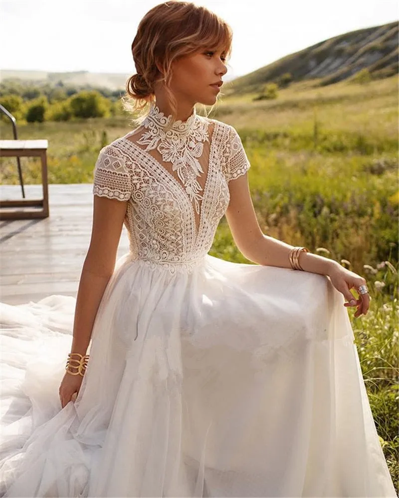 Boho Lace High Neck Wedding Dress