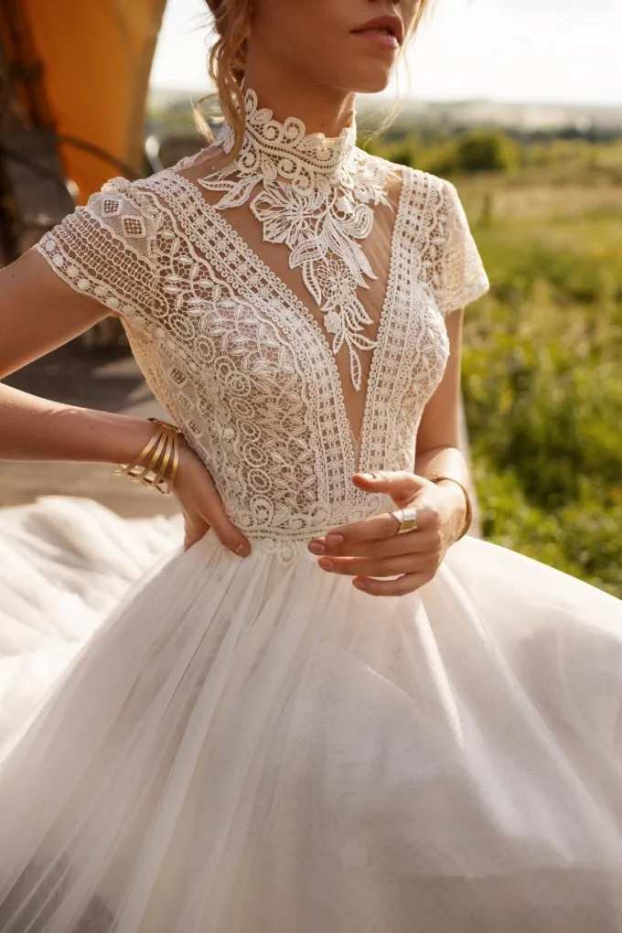 Boho Lace High Neck Wedding Dress