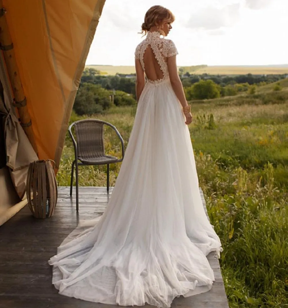 Boho Lace High Neck Wedding Dress