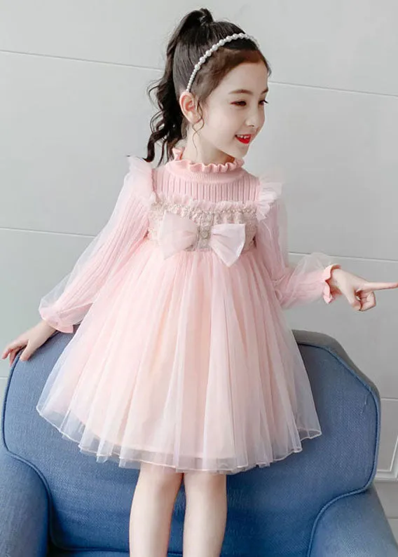 Boho Pink Stand Collar Bow Knit Patchwork Tulle Girls Vacation Maxi Dresses Fall ML0201