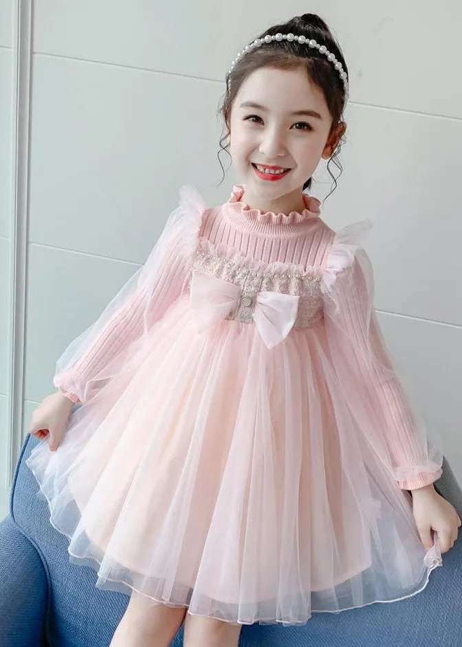 Boho Pink Stand Collar Bow Knit Patchwork Tulle Girls Vacation Maxi Dresses Fall ML0201