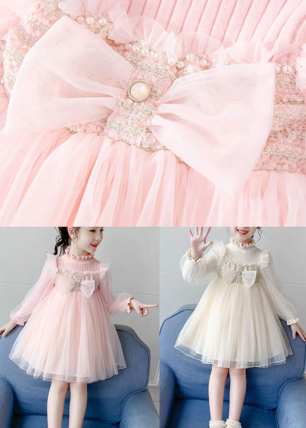 Boho Pink Stand Collar Bow Knit Patchwork Tulle Girls Vacation Maxi Dresses Fall ML0201