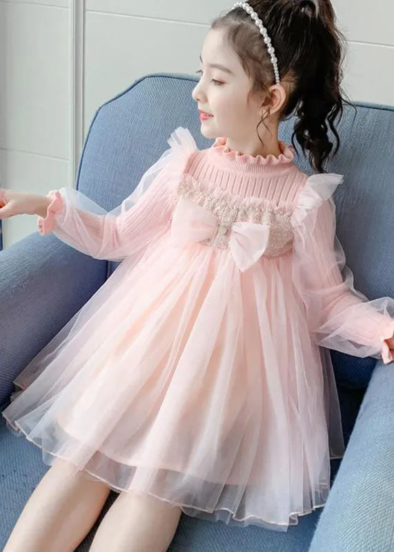 Boho Pink Stand Collar Bow Knit Patchwork Tulle Girls Vacation Maxi Dresses Fall ML0201