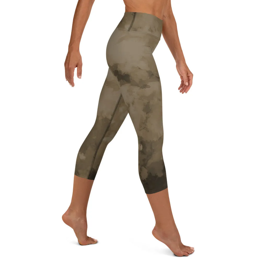 Brown Abstract Yoga Capri Leggings, Abstract Best Women's Capris Sports Tights-Made in USA/EU/MX