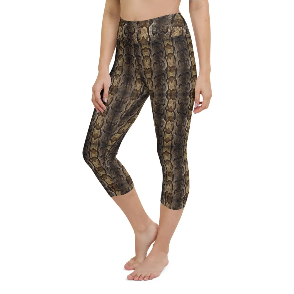 Brown Snake Print Capris Tights, Patterned Women's Capris Tights-Made in USA/EU/MX