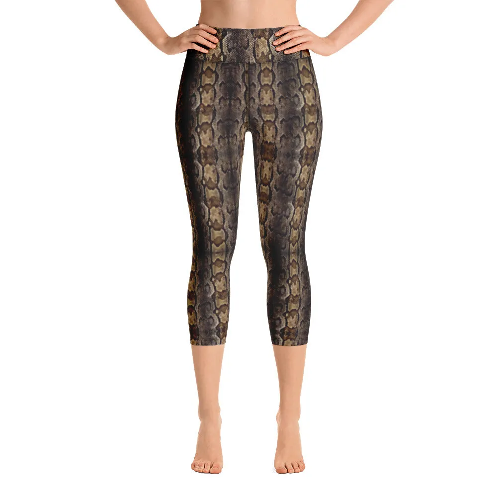 Brown Snake Print Capris Tights, Patterned Women's Capris Tights-Made in USA/EU/MX