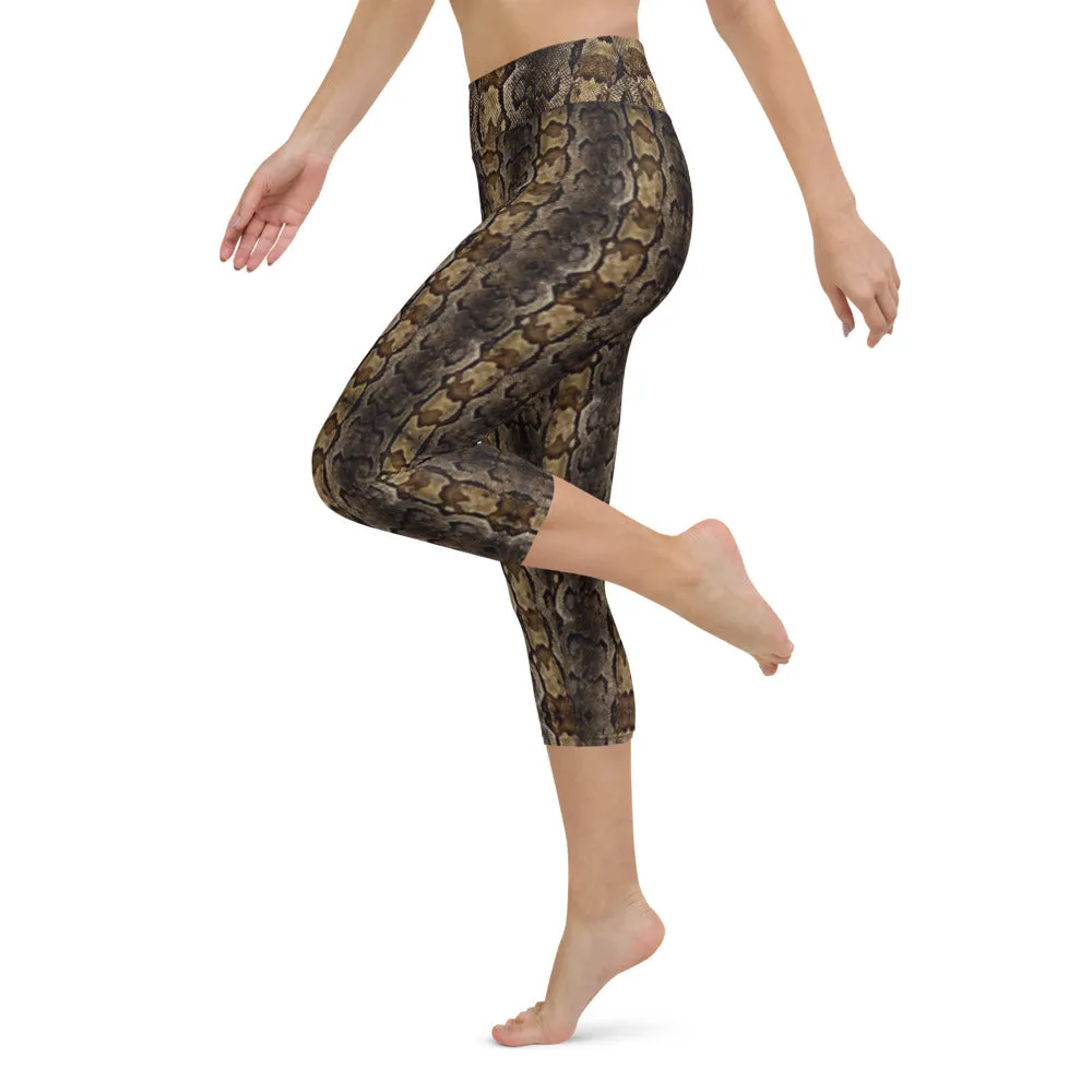 Brown Snake Print Capris Tights, Patterned Women's Capris Tights-Made in USA/EU/MX