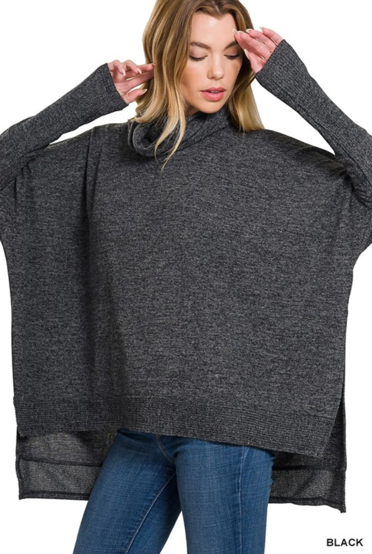 Brushed Melange Cowl Neck Poncho sweater