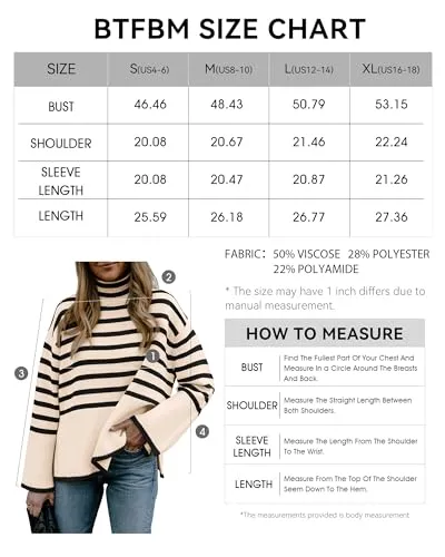 BTFBM Women's Winter Sweaters Casual Turtleneck Long Sleeve Striped Side Slit Loose Pullover Sweater Knit Jumper Tops(Striped Beige, Small)