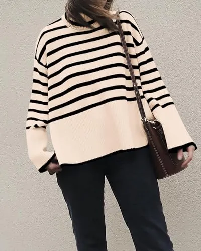 BTFBM Women's Winter Sweaters Casual Turtleneck Long Sleeve Striped Side Slit Loose Pullover Sweater Knit Jumper Tops(Striped Beige, Small)