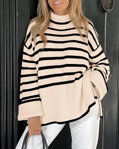 BTFBM Women's Winter Sweaters Casual Turtleneck Long Sleeve Striped Side Slit Loose Pullover Sweater Knit Jumper Tops(Striped Beige, Small)