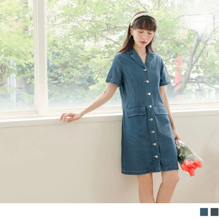 COTTON POCKET TUNIC ELASTIC WAIST DENIM MIDI DRESS