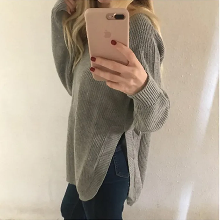 Crew Neck Side Split Loose Oversized Irregular Pullover Sweater