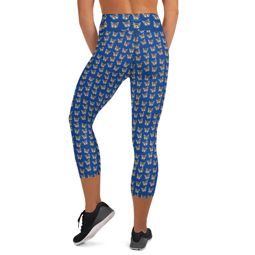 Dark Blue Cat Capri Leggings, Cute Cat Print Women's Yoga Capri Pants- Made in USA/EU