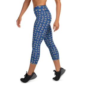 Dark Blue Cat Capri Leggings, Cute Cat Print Women's Yoga Capri Pants- Made in USA/EU