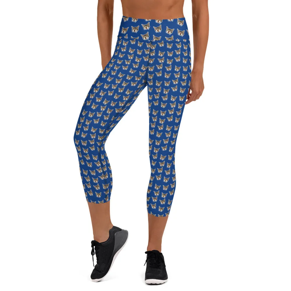 Dark Blue Cat Capri Leggings, Cute Cat Print Women's Yoga Capri Pants- Made in USA/EU