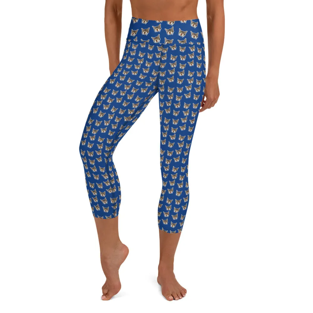 Dark Blue Cat Capri Leggings, Cute Cat Print Women's Yoga Capri Pants- Made in USA/EU