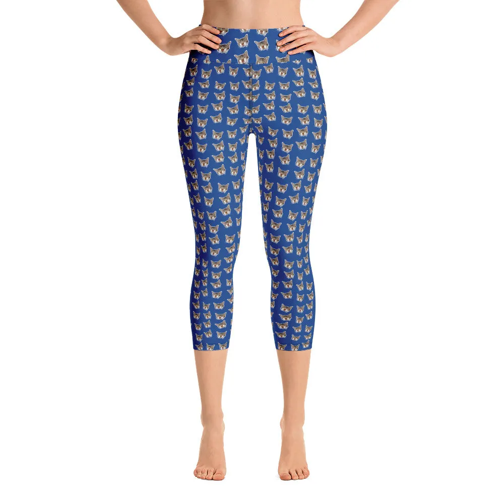 Dark Blue Cat Capri Leggings, Cute Cat Print Women's Yoga Capri Pants- Made in USA/EU