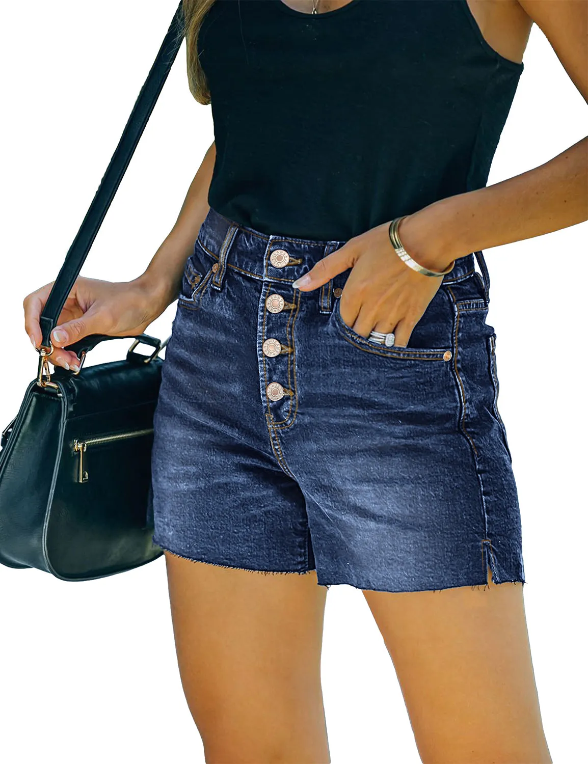 Dark Blue Raw Hem Button-Up Denim Shorts