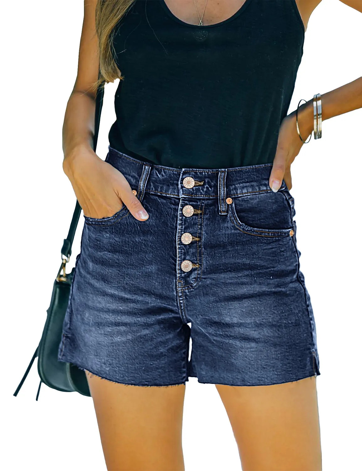 Dark Blue Raw Hem Button-Up Denim Shorts