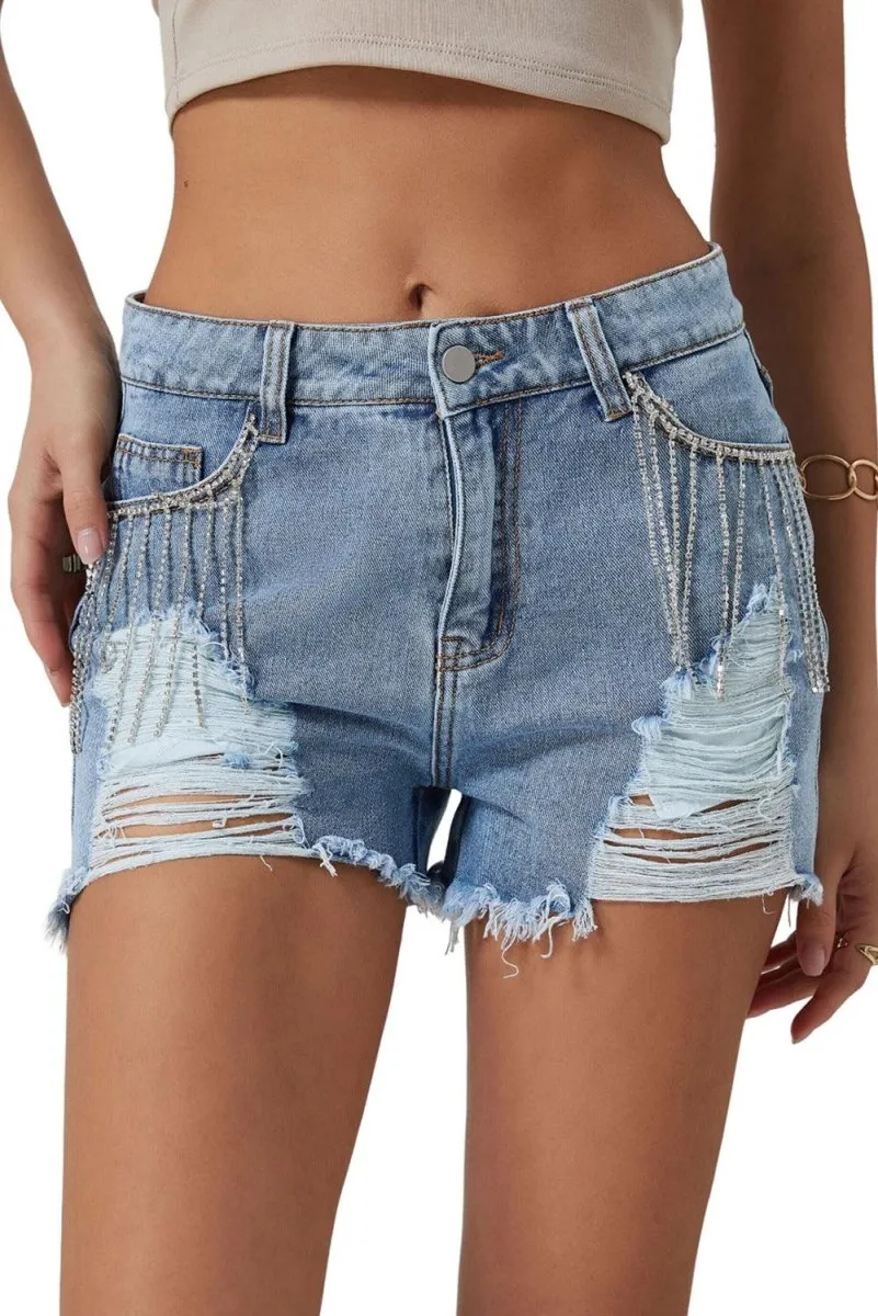 Dazzling Lynn Rhinestone Tassel Denim Shorts