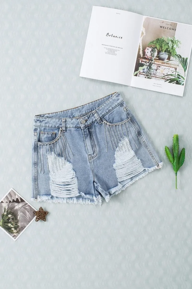 Dazzling Lynn Rhinestone Tassel Denim Shorts