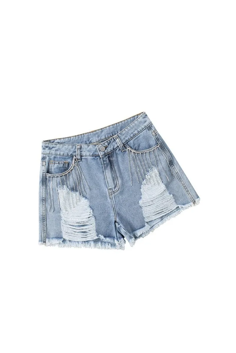 Dazzling Lynn Rhinestone Tassel Denim Shorts