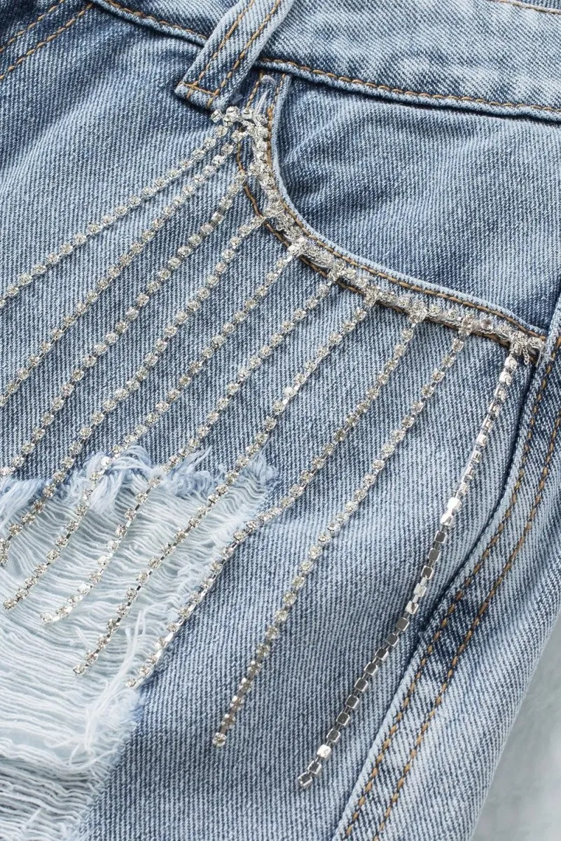 Dazzling Lynn Rhinestone Tassel Denim Shorts