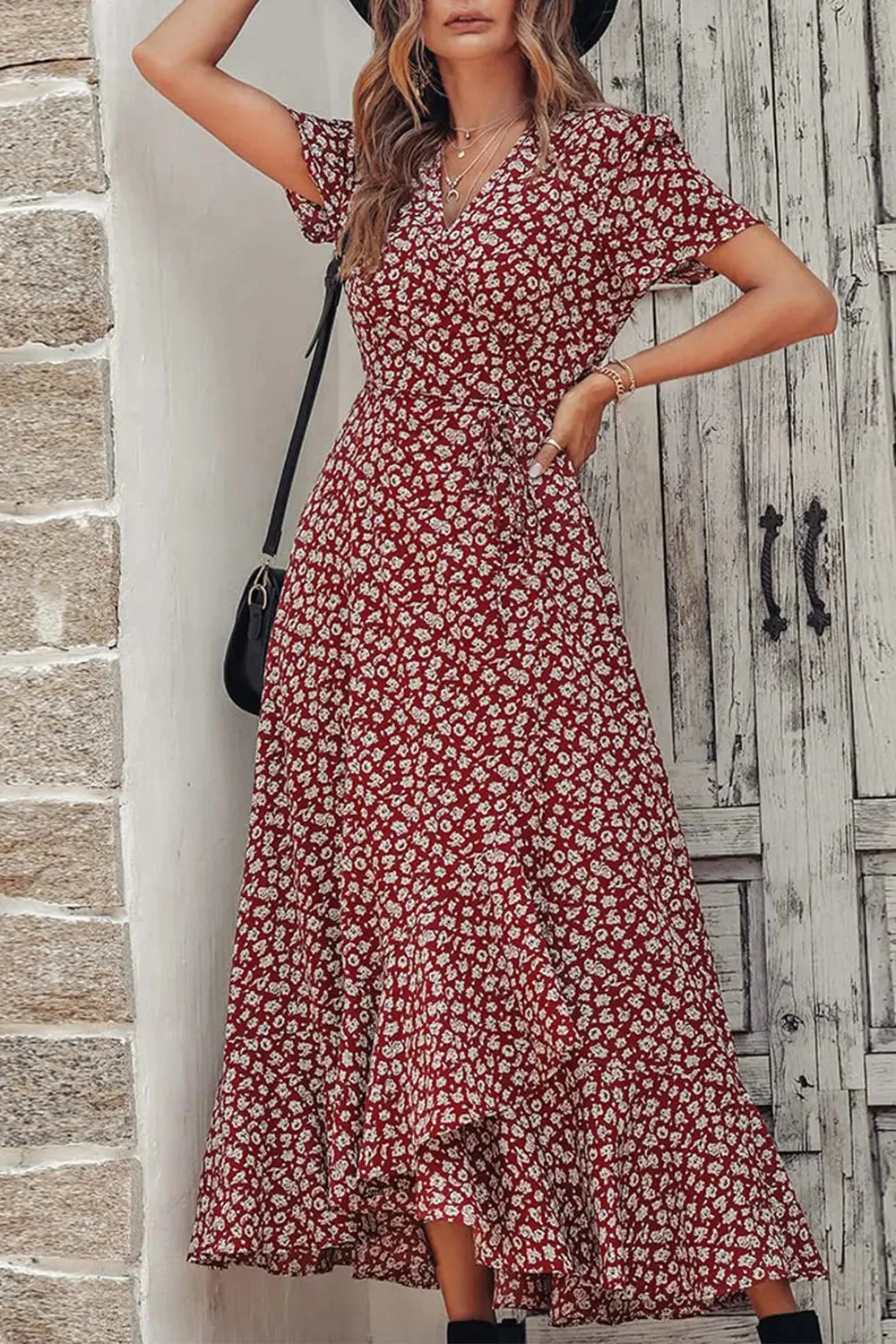 Floral V Neck Short Sleeve Long Dresses