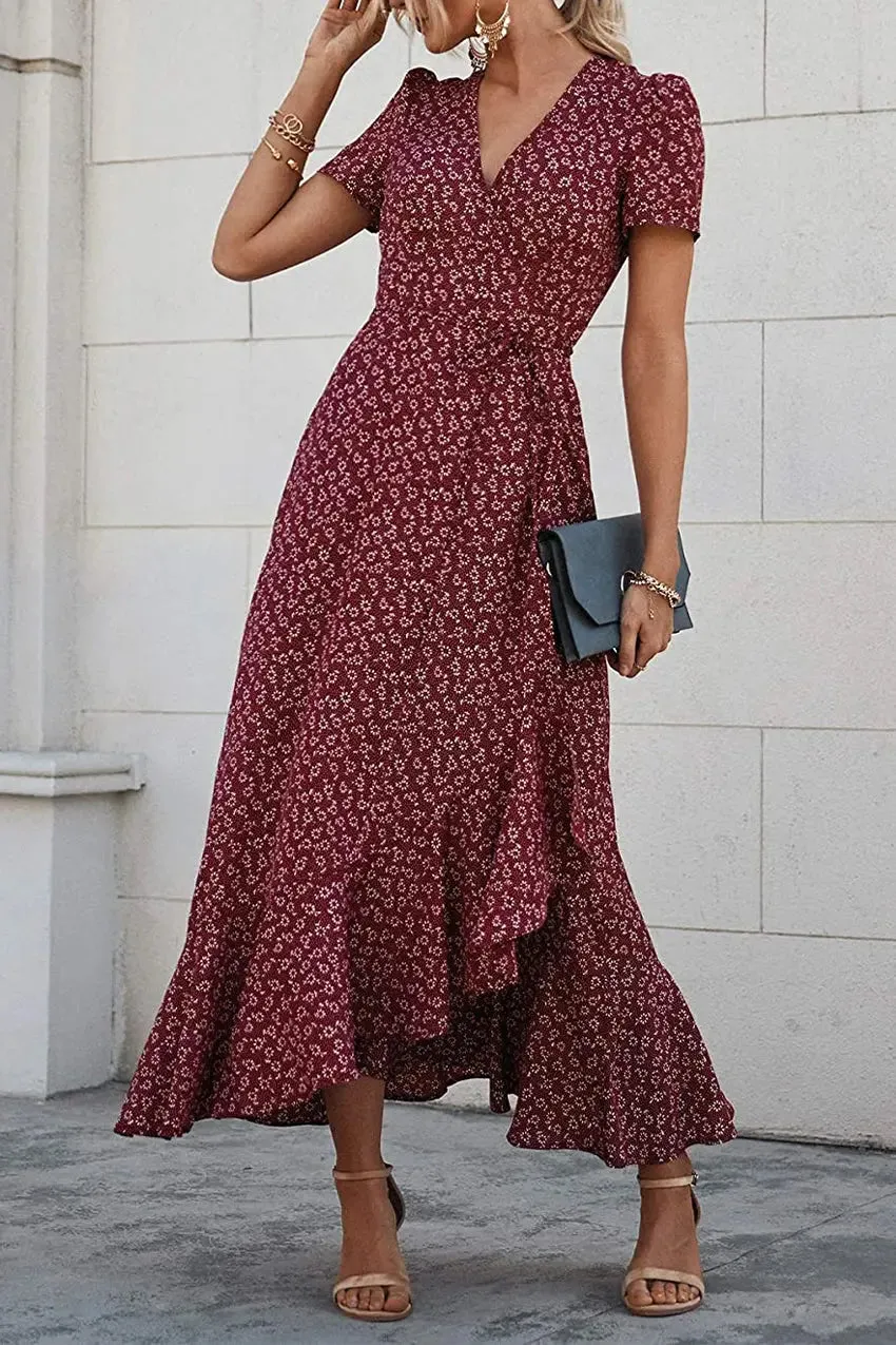 Floral V Neck Short Sleeve Long Dresses