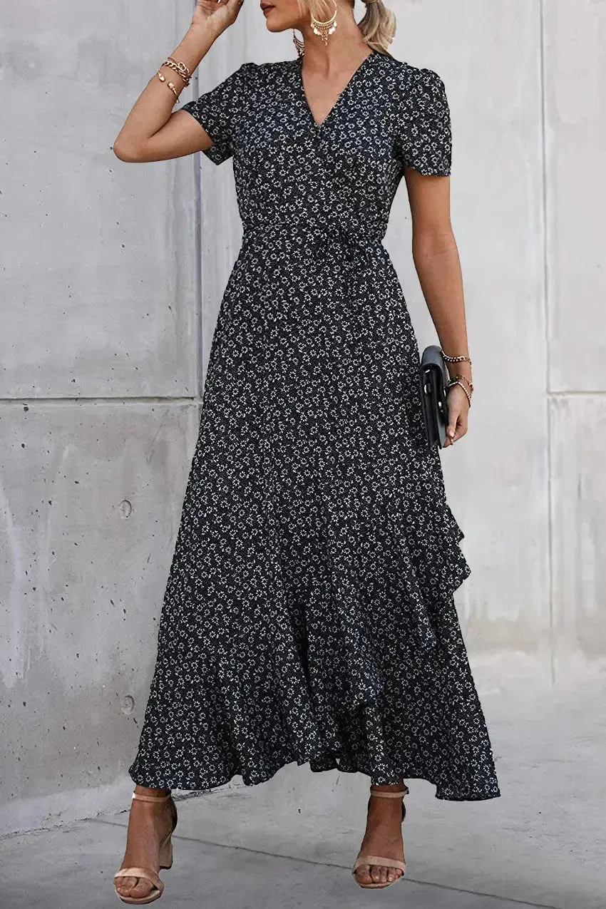 Floral V Neck Short Sleeve Long Dresses